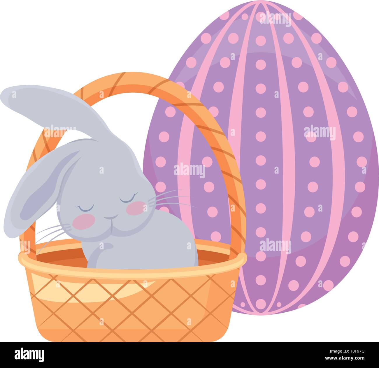 cute rabbit with basket wicker and egg of easter vector illustration ...