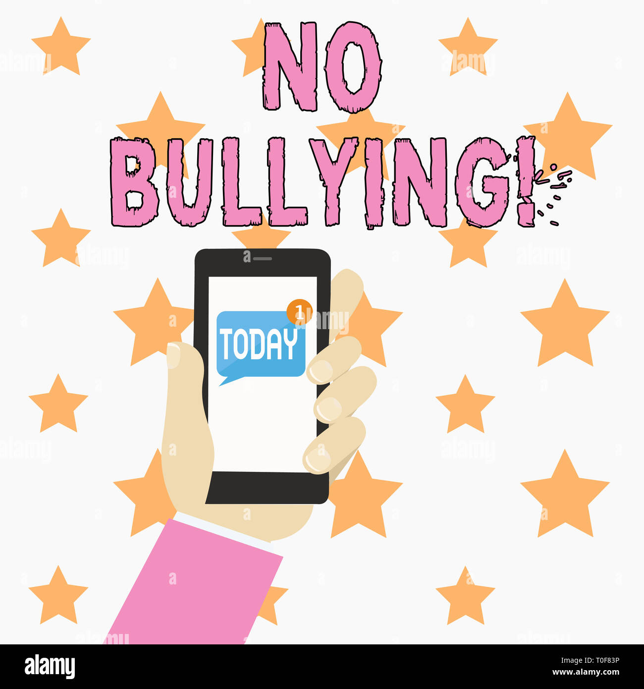 Text sign showing No Bullying. Business photo showcasing stop aggressive behavior among children power imbalance Human Hand Holding Smartphone with Nu Stock Photo
