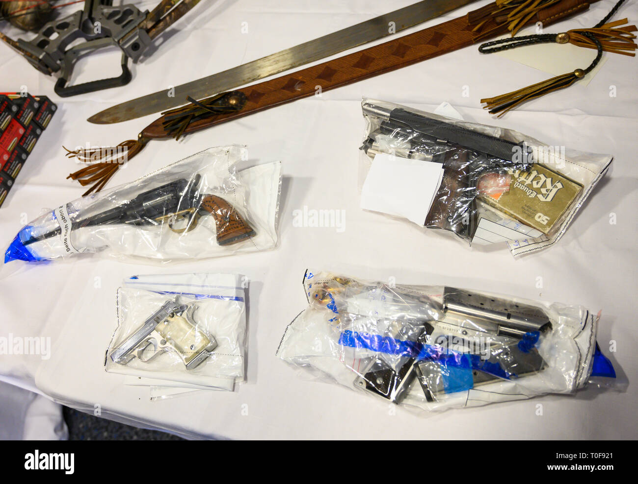 Hannover Germany 19th Mar 19 Ammunition And Weapons Are On The Same Table At A Press Conference The Hanover Police Present Seized Weapons And Drugs After A Blow Against A Drug Gang