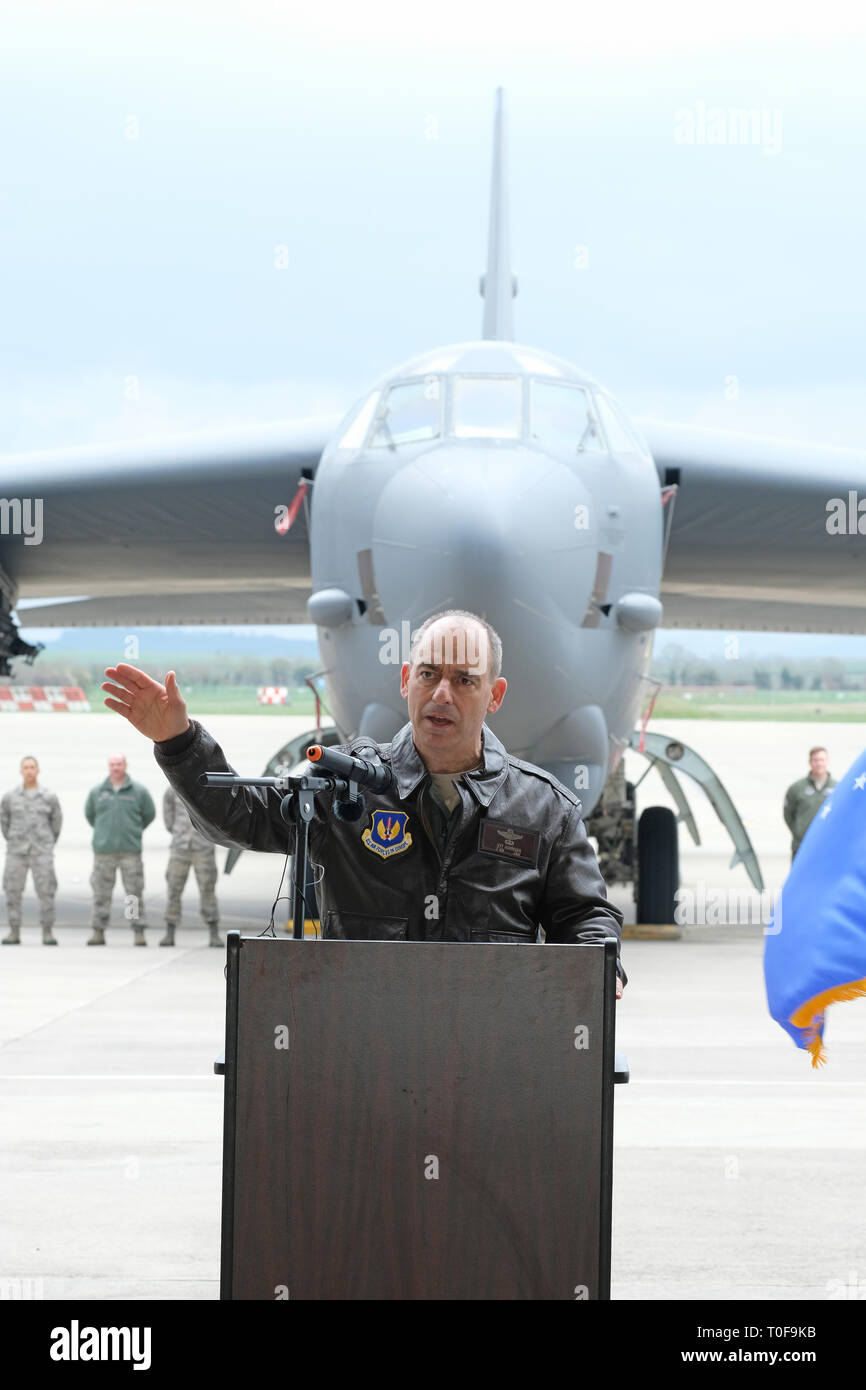 RAF Fairford, Gloucestershire, UK. 19th March 2019. Lieutenant General Jeffrey Harrigian, Deputy Commander of US Air Forces in Europe - Air Forces Africa welcomes a Bomber Task Force deployment of six Boeing B-52H Stratofortress aircraft to RAF Fairford from the 2nd Bomb Wing in Louisiana, USA - the largest deployment of B-52s to the UK since Operation Iraqi Freedom in 2003. The aircraft will perform training sorties over The Baltic, Central Europe, the Eastern Mediterranean and Morocco. Credit: Steven May/Alamy Live News Stock Photo