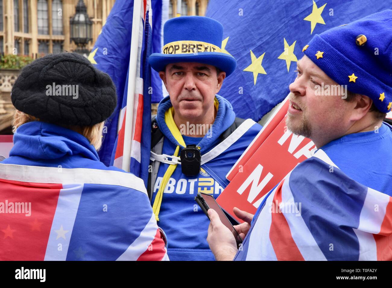 19th Mar 2019. Steve Bray,Activist,SODEM protest in favour of the UK staying in Europe. Houses of Parliament, Westminster, London. UK Credit: michael melia/Alamy Live News Stock Photo