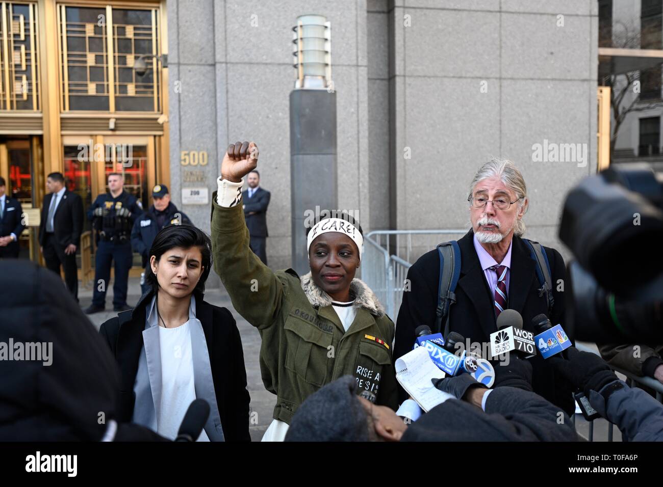 New York, NY, USA. 19 March 2019  State of Liberty climber Patricia Okoumou speaks to supporters after being sentenced to 5 years of probation for her July 4, 2018, act of civil disobedience to protest against Trump administration immigration policies.  Okoumou was convicted in December of misdemeanor charges of trespassing, disorderly conduct, and interfering with the functioning of government. Credit: Joseph Reid/Alamy Live News Stock Photo
