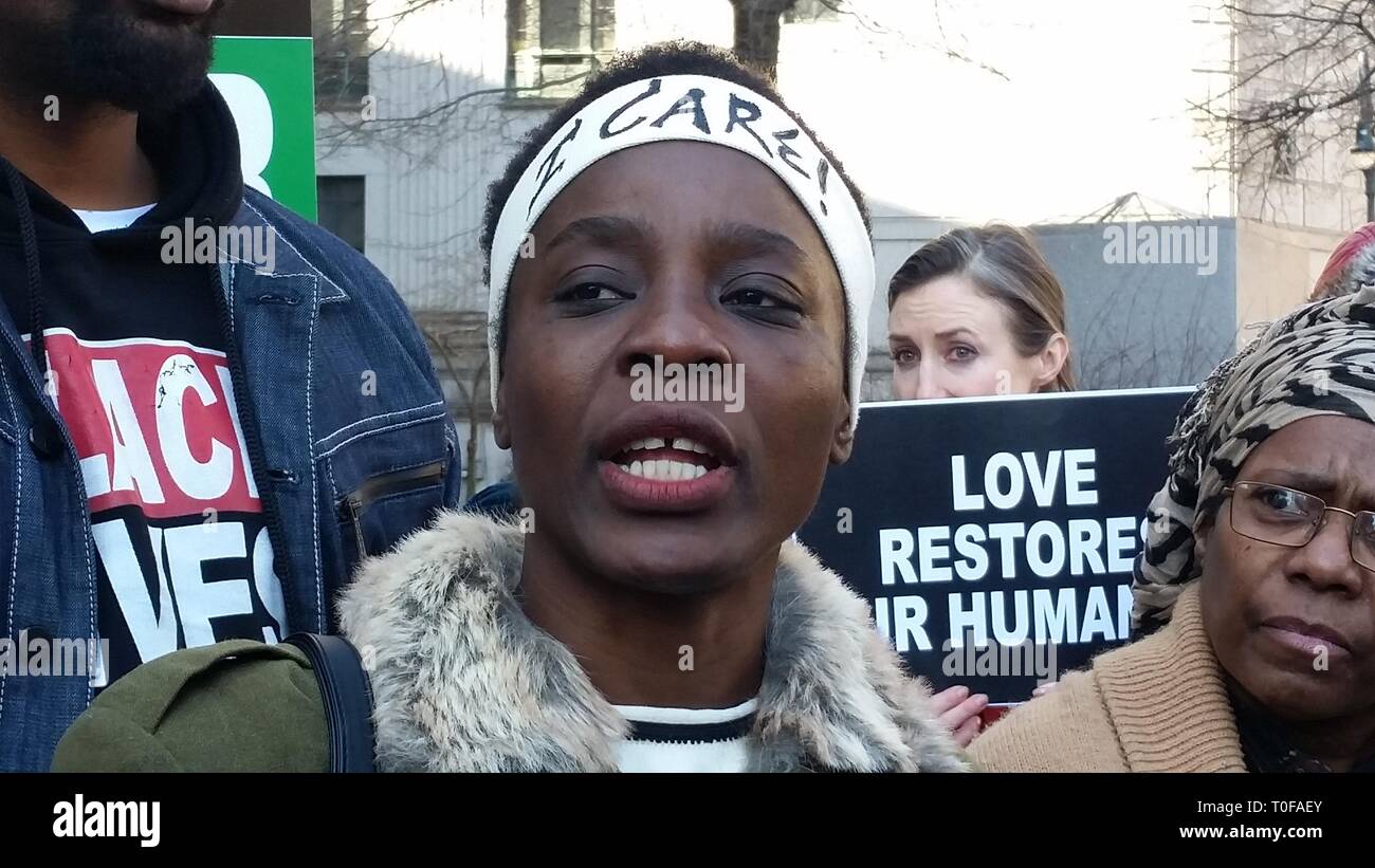 New York, USA. 19th March, 2019. Immigration activist Patricia Okoumou outside NY Federal Court after sentenced to 5 years probation for climbing Statue of Liberty. Matthew Russell Lee / Inner City Press Credit: Matthew Russell Lee/Alamy Live News Stock Photo