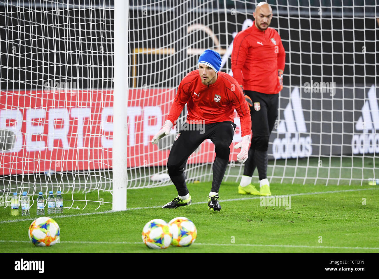 Goalkeeper Predrag Rajkovic (Serbia) and goalkeeper Marko Dwithrovic (Serbia). GES/Football/Training National Team of Serbia, 19.03.2019 Football/Soccer: Serbian National Football Team, Training, Practice, Wolfsburg, March 19, 2019 | usage worldwide Stock Photo