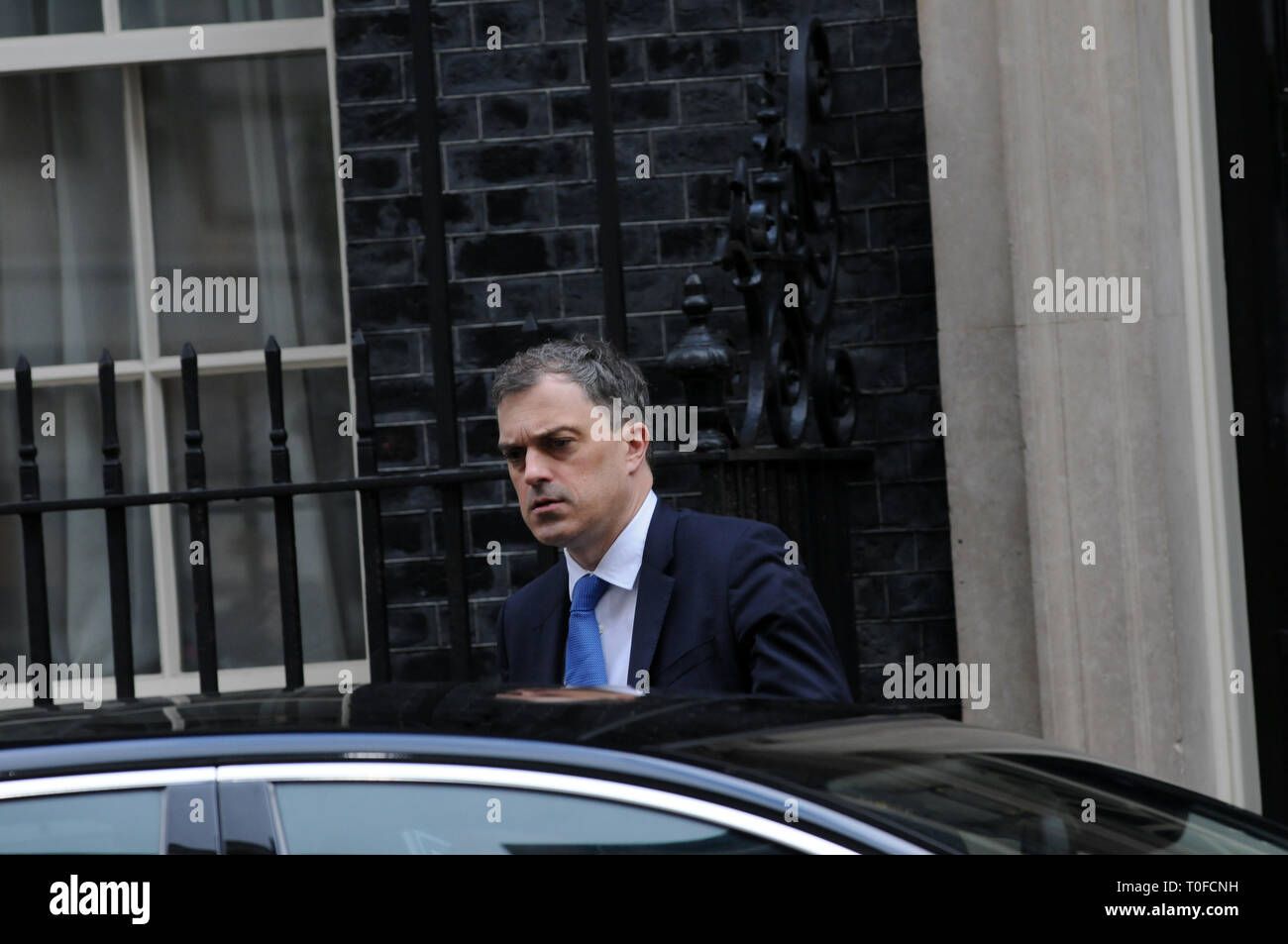 London, UK, 19 March 2019 Julian Smith, chief whip. Cabinet member politicians leave Downing Street. Stock Photo