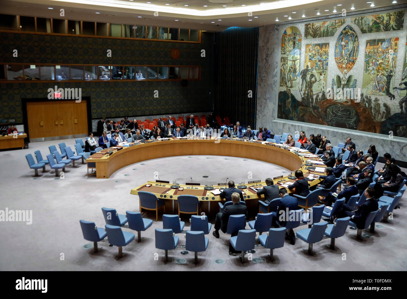 United Nations. 19th Mar, 2019. The photo taken on March 19, 2019 shows a general view of the United Nations Security Council meeting on non-proliferation of weapons of mass destruction (WMDs), at the United Nations headquarters in New York. Credit: Li Muzi/Xinhua/Alamy Live News Stock Photo