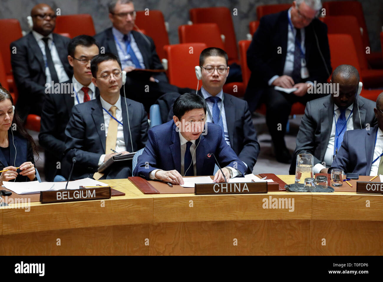 New York, USA.  19th Mar, 2019. Wu Haitao (C, front), charge d'affaires of China's Permanent Mission to the United Nations, addresses the Security Council meeting on non-proliferation of weapons of mass destruction (WMDs), at the United Nations headquarters in New York, March 19, 2019. Wu Haitao said Tuesday that China is firmly opposed to proliferation of weapons of mass destruction (WMDs) and their means of delivery. Credit: Li Muzi/Xinhua/Alamy Live News Stock Photo