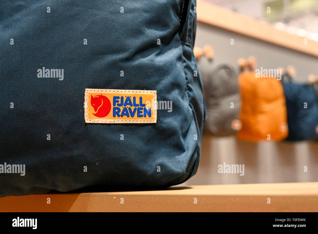 04 February 2019, Bavaria, München: The logo of the Swedish outdoor outfitter Fjällräven on a backpack, taken at the ISPO sporting goods fair. Photo: Tobias Hase/dpa Stock Photo