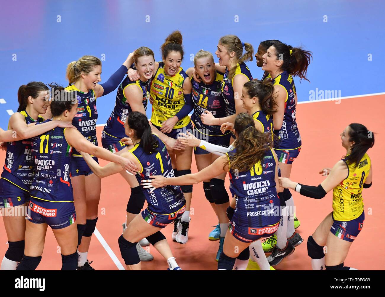 Istanbul, Turkey. 19th Mar, 2019. Players of Imoco Volley Conegliano  celebrate after winning the quarterfinal match of 2019 CEV Volleyball Champions  League between Imoco Volley Conegliano of Italy and Eczacibasi Vitra  Istanbul