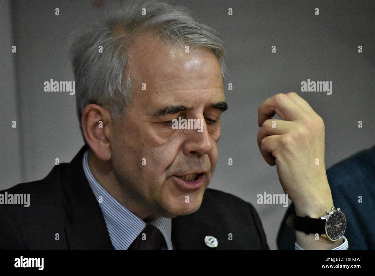 Ankara, Turkey. 19th Mar, 2019. Secretary General of the World Medical Association (WMA), Otmar Kloiber speaks during a panel discussion in support of the Turkish Medical Association's (TTB) central council members, who are tried on terror charges after a declaration stating that 'War is a popular health issue' in opposition to the nation's military offensive 'Olive Branch' operation to Syria's northern Afrin region. Kloiber is in the city to attend the second trial of the Turkish doctors. Credit: Altan Gocher | usage worldwide/dpa/Alamy Live News Stock Photo