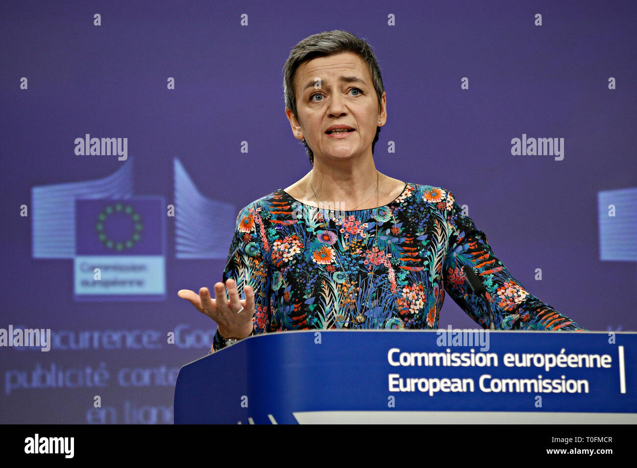 Brussels, Belgium. 20th March 2019.EU Commissioner for Competition  Margrethe Vestager addresses a press conference on the concurrence case  with Google online search advertising . Alexandros Michailidis/Alamy Live  News Stock Photo - Alamy
