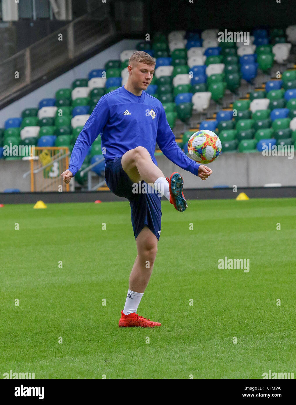 Windsor Park, Belfast, Northern Ireland.20 March 2019.Northern Ireland training in Belfast this morning ahead of their UEFA EURO 2020 Qualifier against Estonia tomorrow night in the stadium. Daniel Ballard training. Credit: David Hunter/Alamy Live News. Stock Photo