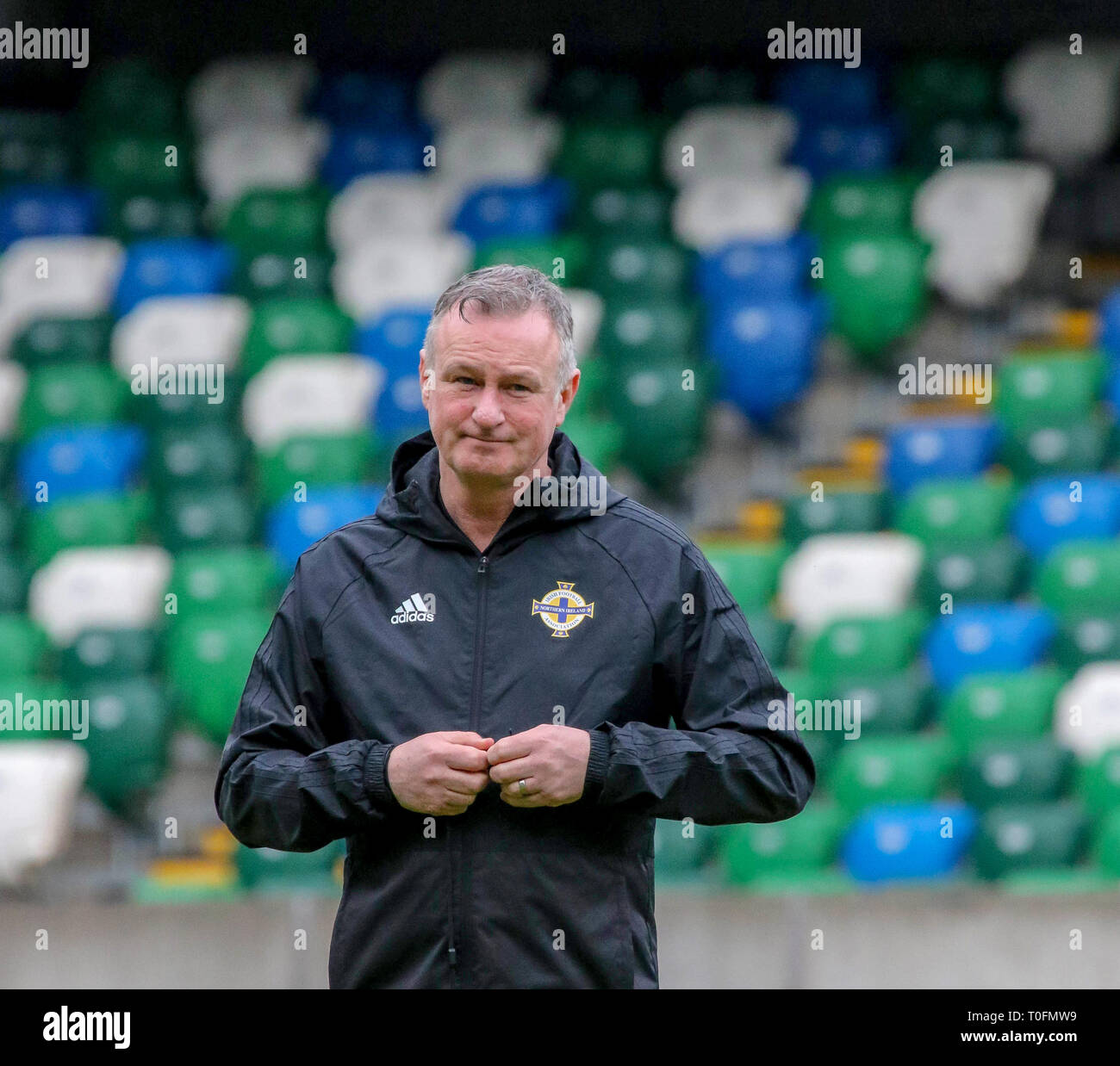 Windsor Park, Belfast, Northern Ireland.20 March 2019.Northern Ireland training in Belfast this morning ahead of their UEFA EURO 2020 Qualifier against Estonia tomorrow night in the stadium. Northern Ireland manager Michael O'Oneill at this morning's session.  Credit: David Hunter/Alamy Live News. Stock Photo