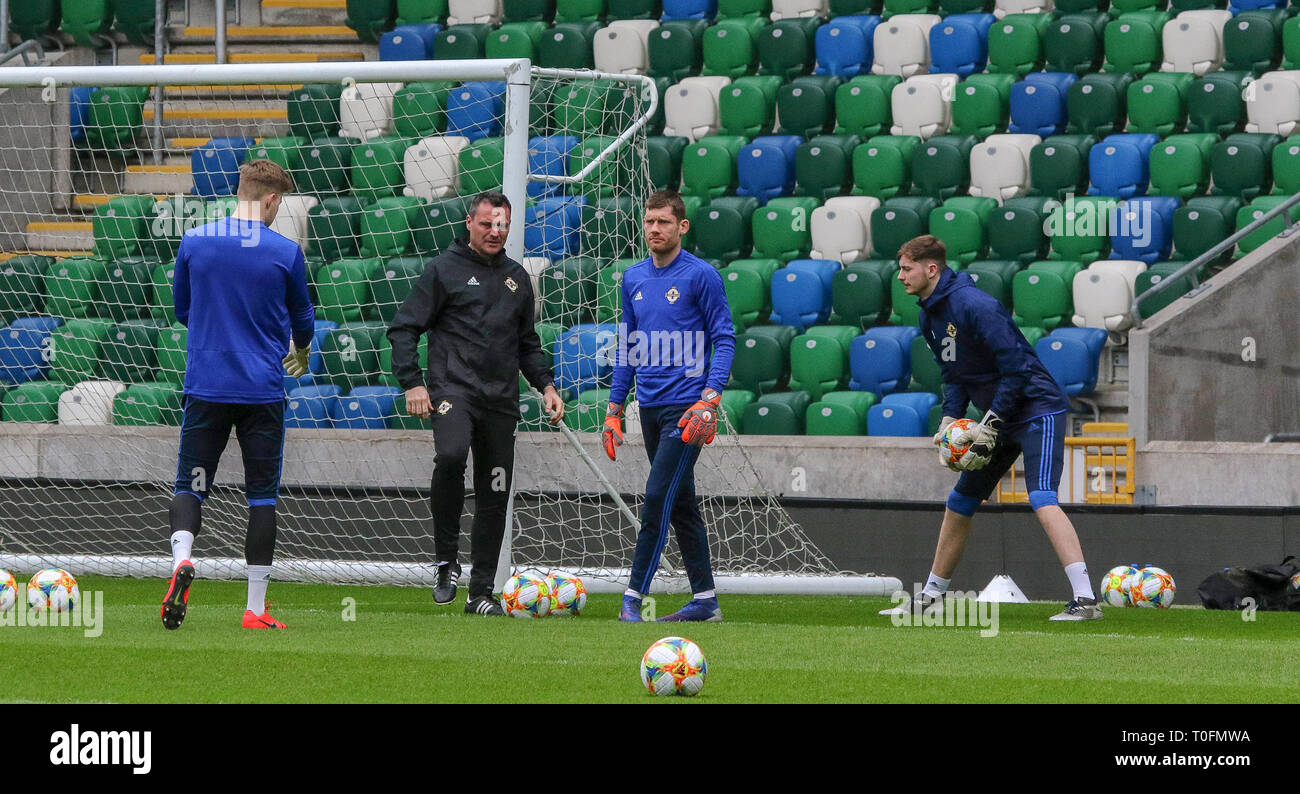Windsor Park, Belfast, Northern Ireland.20 March 2019.Northern Ireland training in Belfast this morning ahead of their UEFA EURO 2020 Qualifier against Estonia tomorrow night in the stadium. (L-R) Bailey Peacock-Farrell, Steve Harper, Michael McGovern and Conor Hazard. Credit: David Hunter/Alamy Live News. Stock Photo