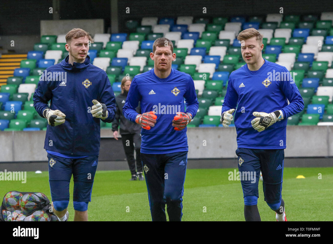 Windsor Park, Belfast, Northern Ireland.20 March 2019. Northern Ireland training in Belfast this morning ahead of their UEFA EURO 2020 Qualifier against Estonia tomorrow night in the stadium. Northern Ireland goalkeepers in training - Conor Hazard, Michael McGovern and Bailey Peacock-Farrell. Credit: David Hunter/Alamy Live News. Stock Photo