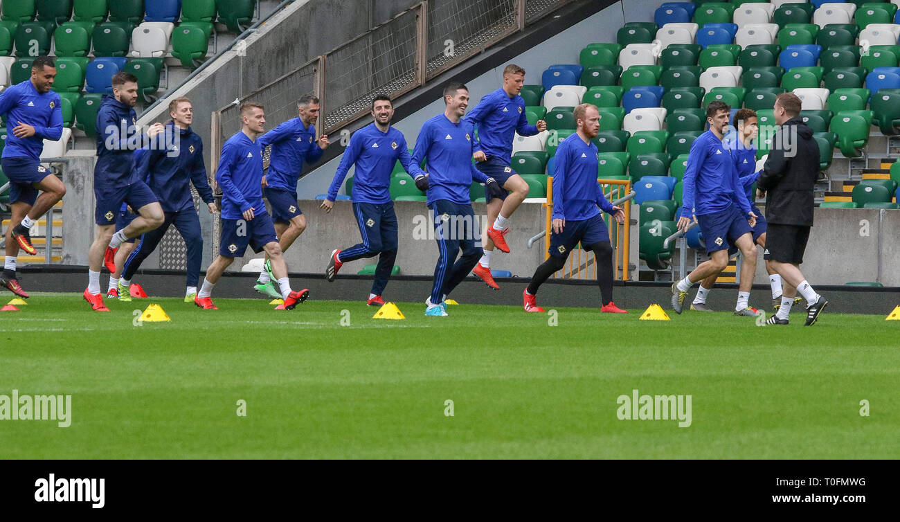 Windsor Park, Belfast, Northern Ireland.20 March 2019. Northern Ireland training in Belfast this morning ahead of their UEFA EURO 2020 Qualifier against Estonia tomorrow night in the stadium. Credit: David Hunter/Alamy Live News. Stock Photo