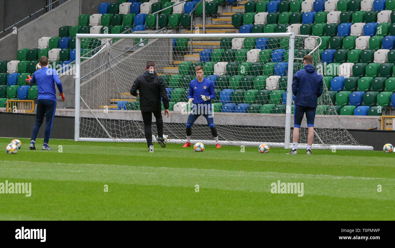 Windsor Park, Belfast, Northern Ireland. 20 March 2019. Northern Ireland training in Belfast this morning ahead of their UEFA EURO 2020 Qualifier against Estonia tomorrow night in the stadium. Bailey Peacock-Farrell in training. Credit: David Hunter/Alamy Live News. Stock Photo