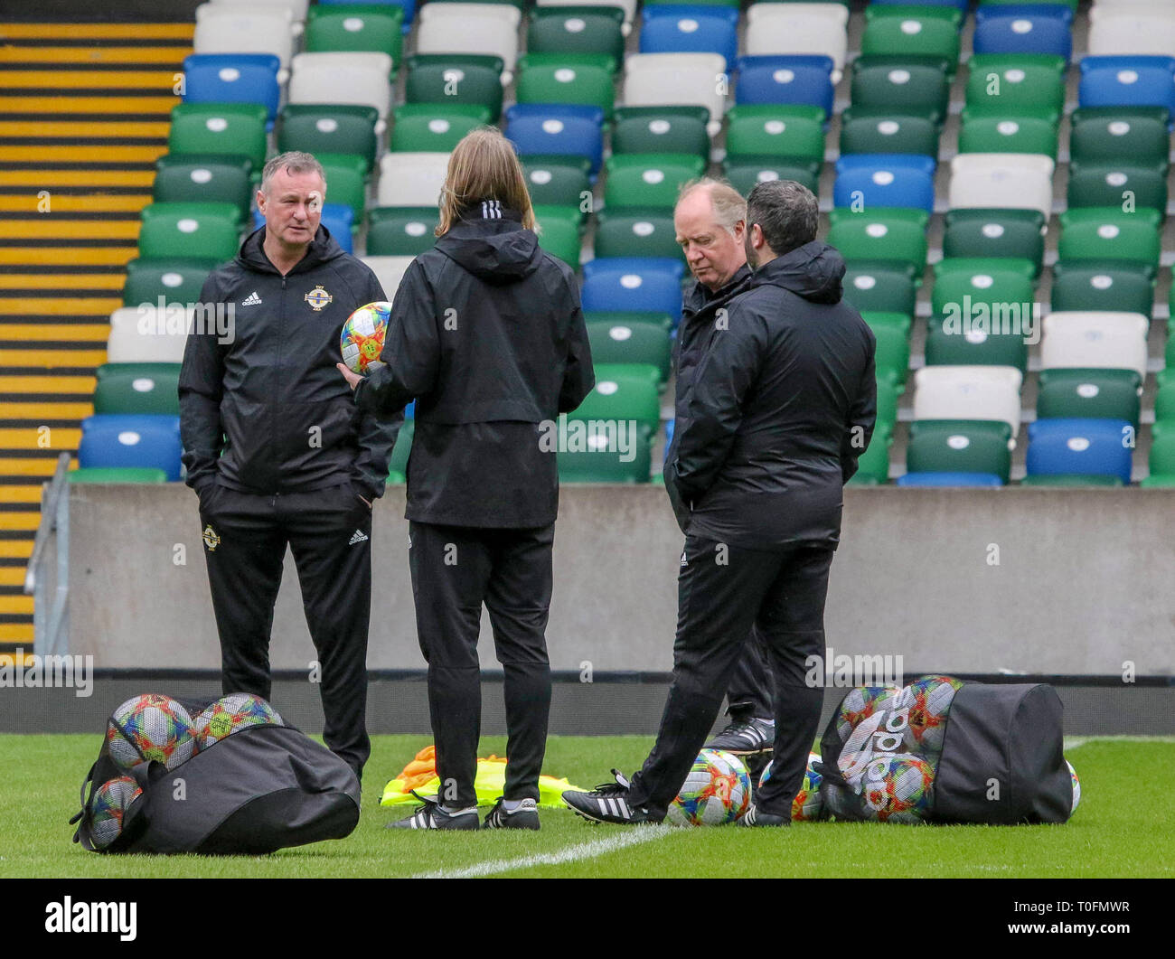 Windsor Park, Belfast, Northern Ireland.20 March 2019. Northern Ireland training in Belfast this morning ahead of their UEFA EURO 2020 Qualifier against Estonia tomorrow night in the stadium. Northern ireland manager Michael O'Neill (left) at training. Credit: David Hunter/Alamy Live News. Stock Photo