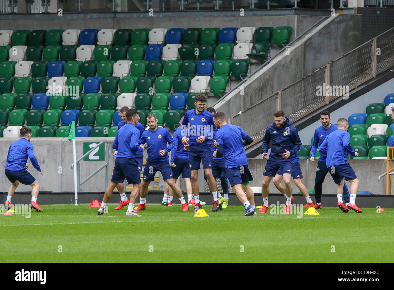 Windsor Park, Belfast, Northern Ireland.20 March 2019. Northern Ireland training in Belfast this morning ahead of their UEFA EURO 2020 Qualifier against Estonia tomorrow night in the stadium. Tom Flanagan (centre) training. Credit: David Hunter/Alamy Live News. Stock Photo