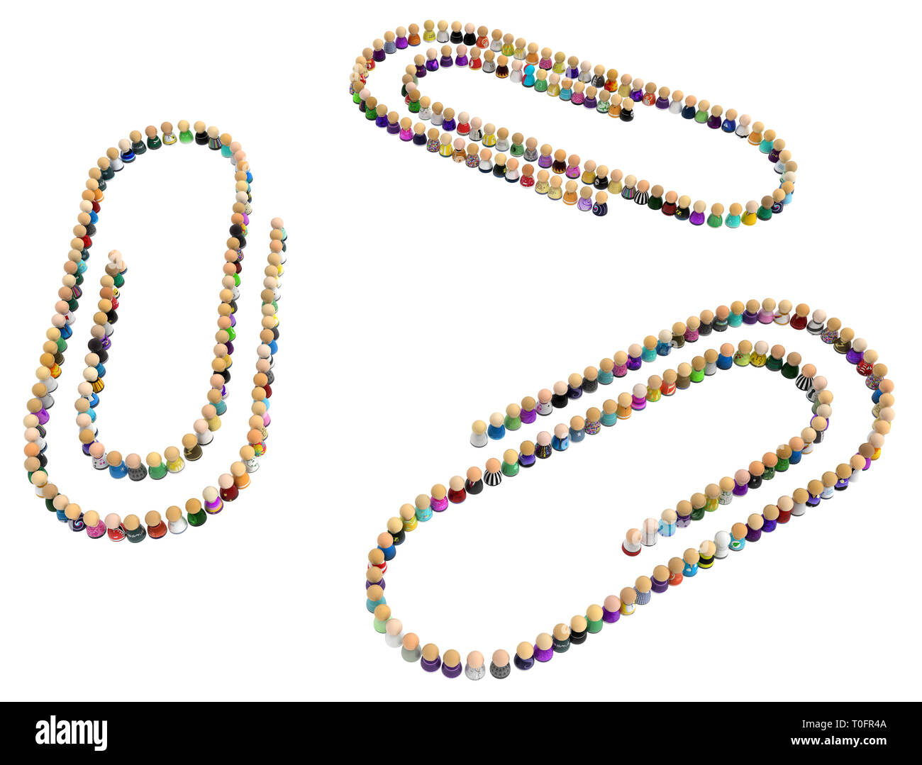 Crowd of small symbolic figures forming paperclip shape, 3d illustration, horizontal, isolated, over white Stock Photo
