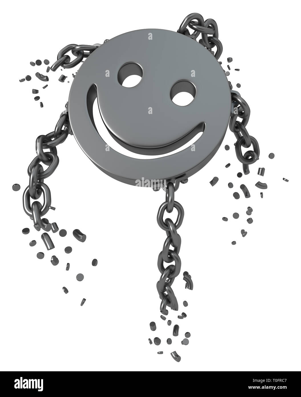 Breaking chain smile face symbol, dark grey metal 3d illustration, isolated, horizontal, over white Stock Photo