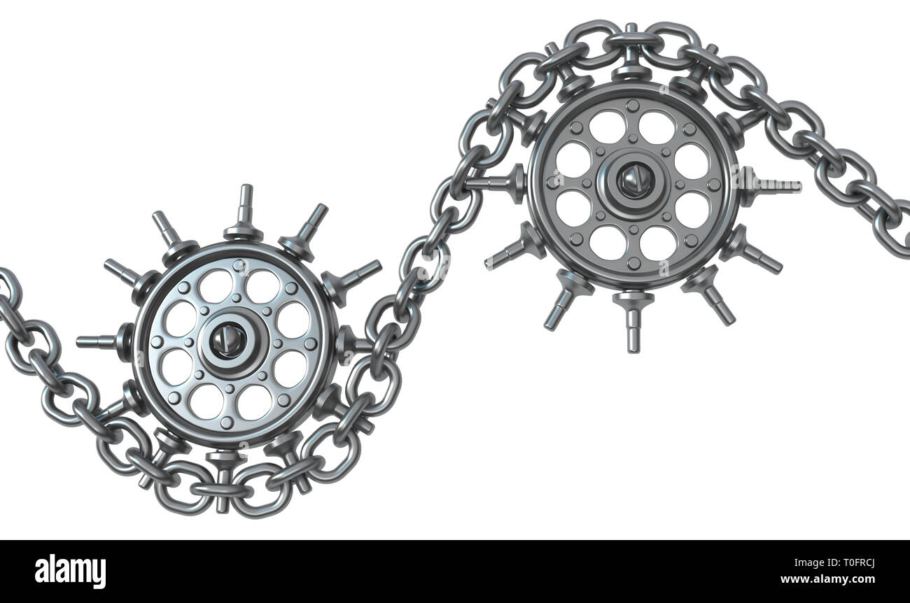Chain gear wheels two, dark grey metal 3d illustration, isolated, horizontal, over white Stock Photo