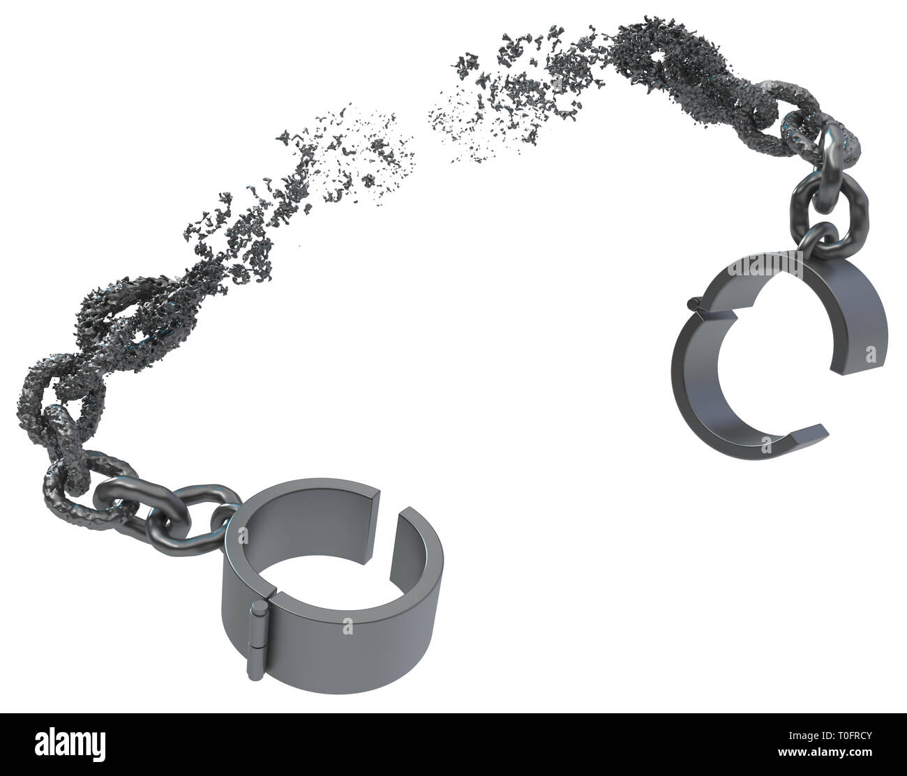 Shackles breaking chain liquid melting grey metal 3d illustration