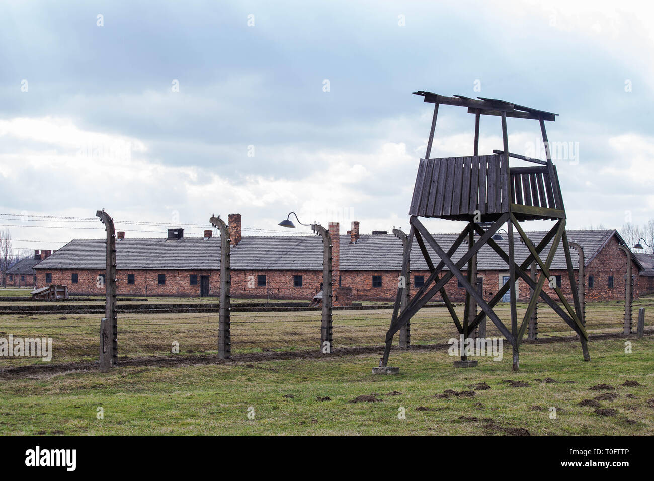 A watchtower in concentration camp Auschwitz Birkenau Polen, March 12, 2019 Stock Photo