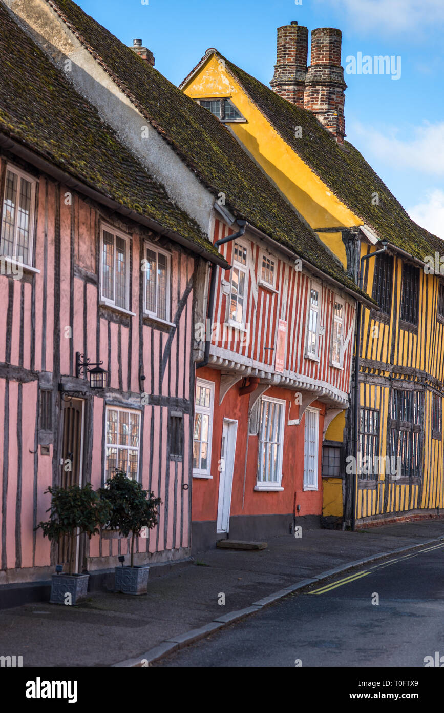 Half-timbered medieval cottages, Water Street, Lavenham, Suffolk, England, United Kingdom Stock Photo