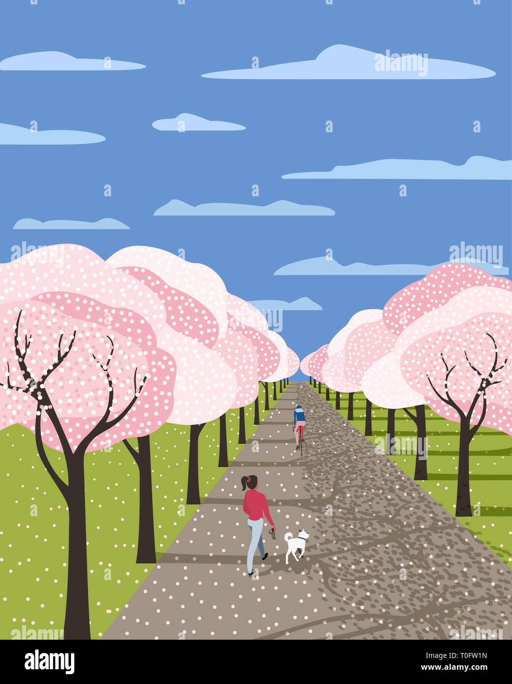 Hand drawn blooming sakura alley Stock Vector