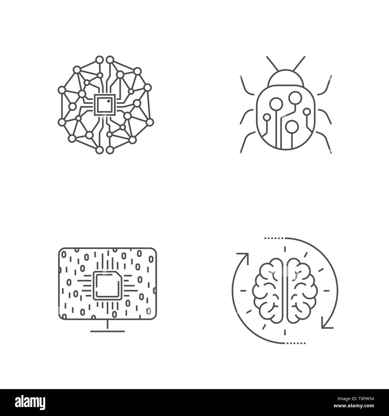 Simple set of artificial intelligence related line icons. AI, Iot, hi-tech. Editable Stroke. EPS 10 Stock Vector