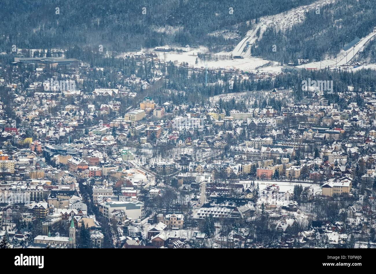 ZAKOPANE, POLAND - DECEMBER 30, 2018: View of the tourist town of Zakopane from the Gubalowka peak. Stock Photo