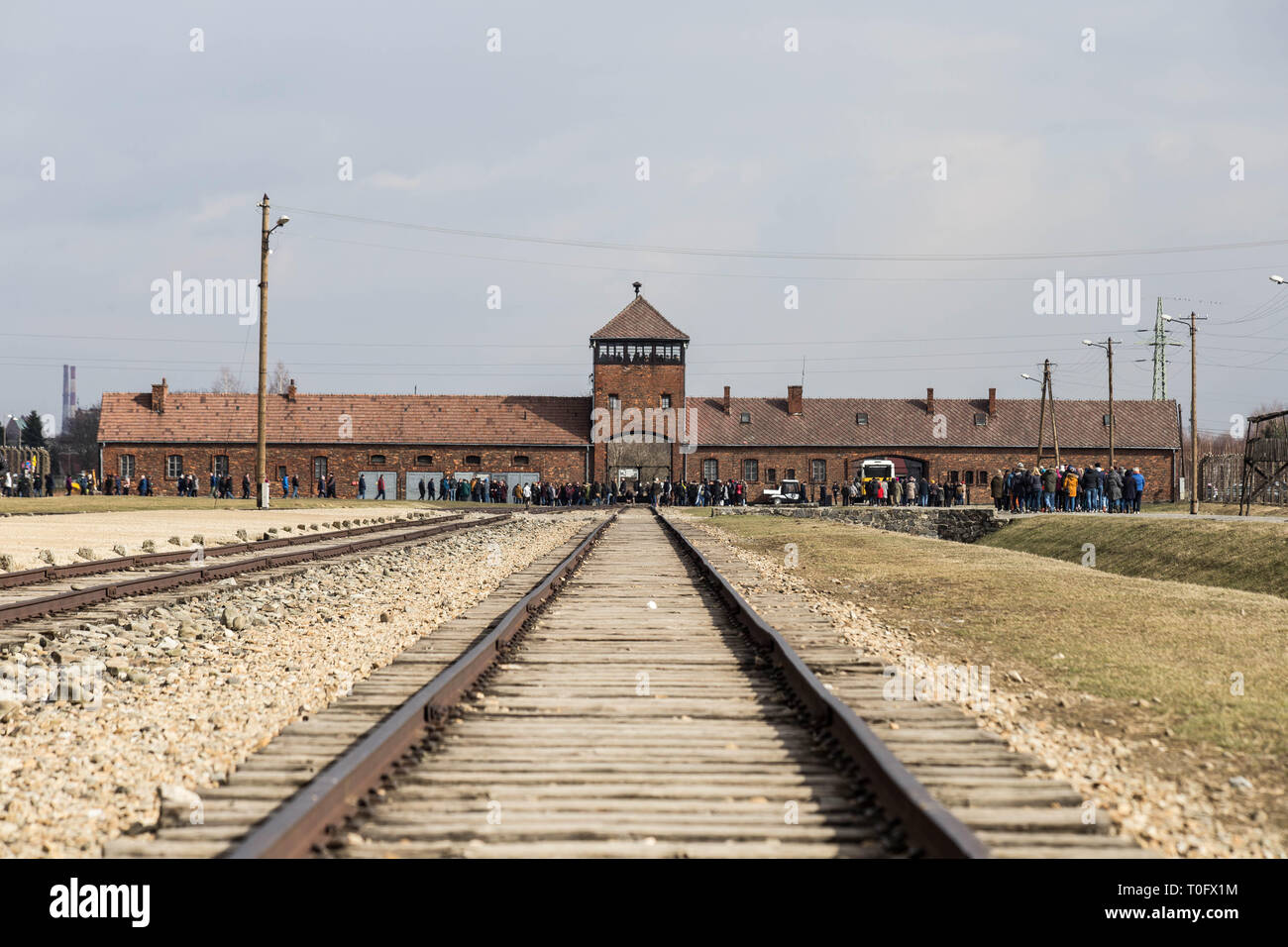 Rail entrance to concentration camp at Auschwitz Birkenau KZ Poland March 12, 2019 Stock Photo