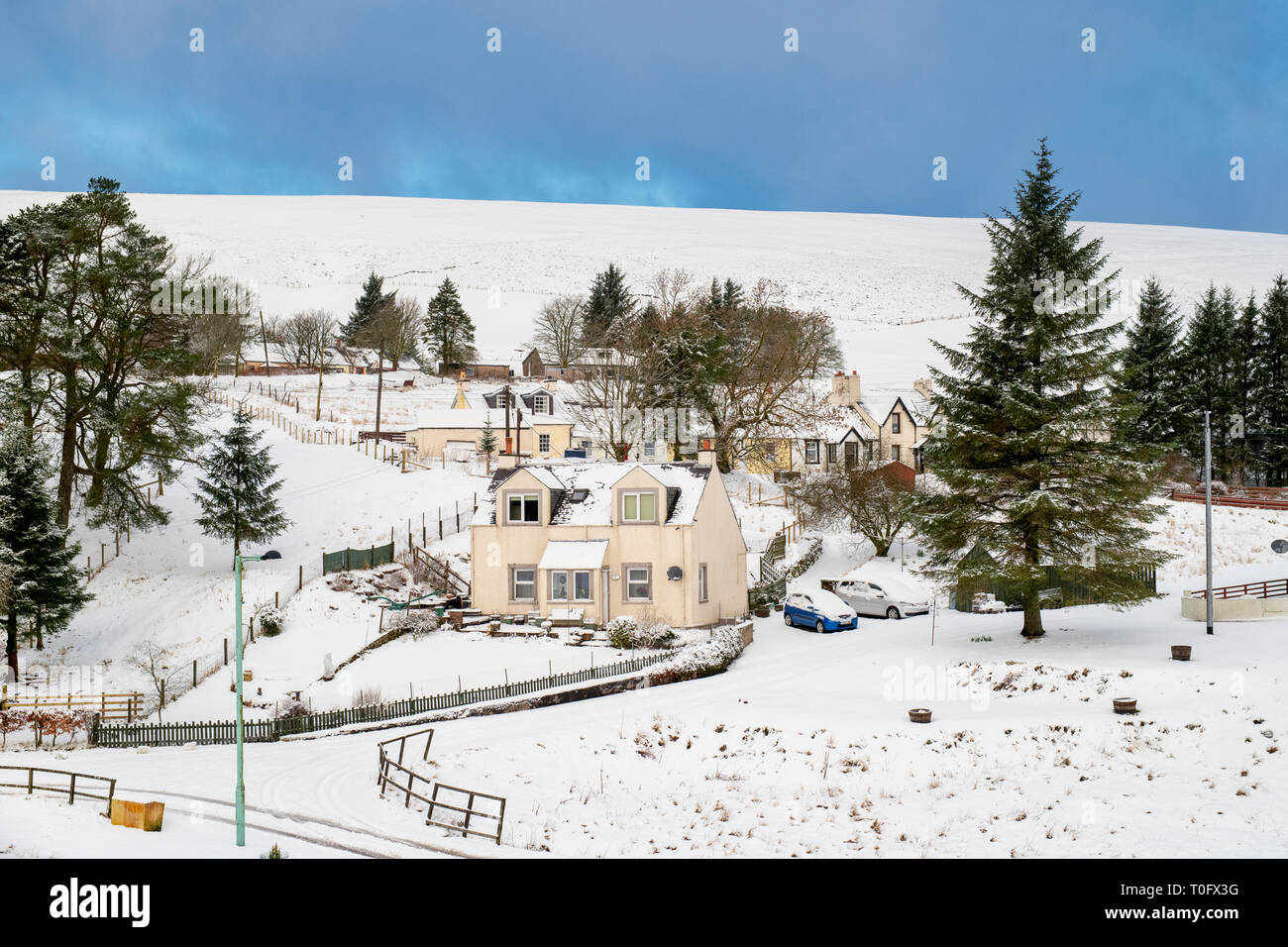 Leadhills village in the early morning snow. Scotlands second highest village. South Lanarkshire, Scotland Stock Photo