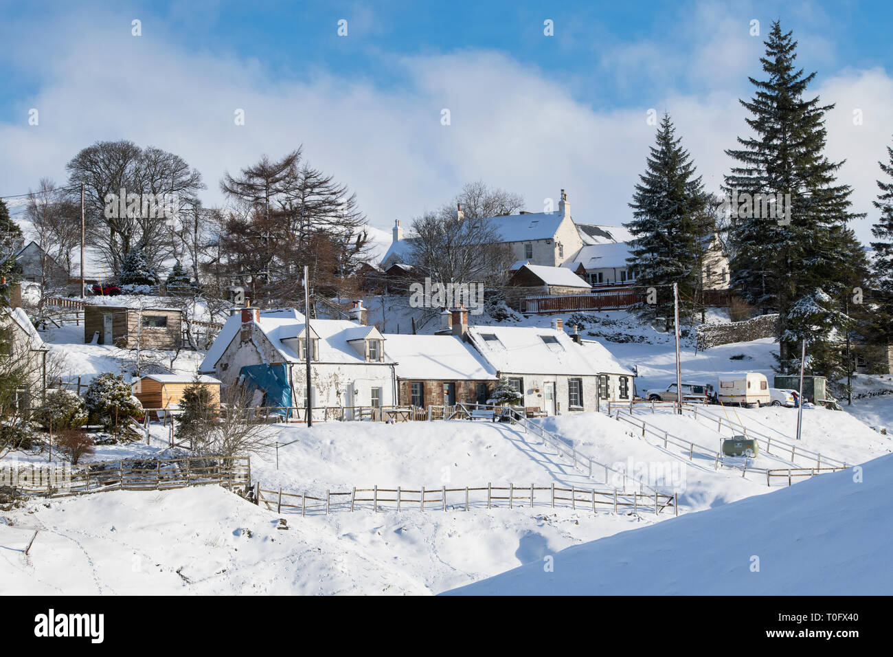 Wanlockhead village in the early morning snow. Scotlands highest village. Dumfries and Galloway, Scottish borders, Scotland Stock Photo