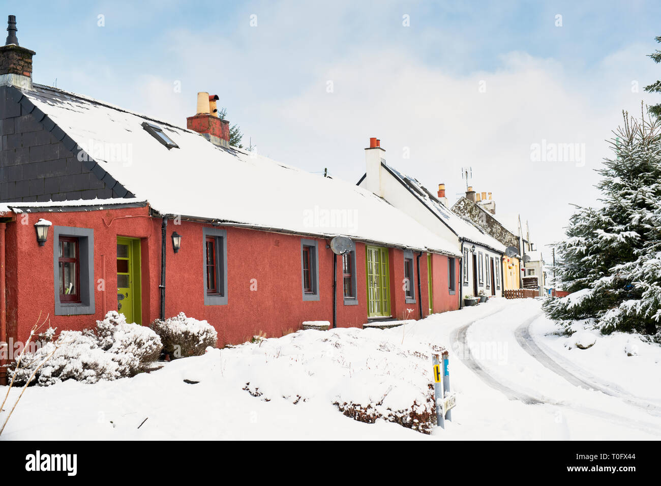 Row of scottish cottages. Leadhills village in the early morning snow. Scotlands second highest village. South Lanarkshire, Scotland Stock Photo