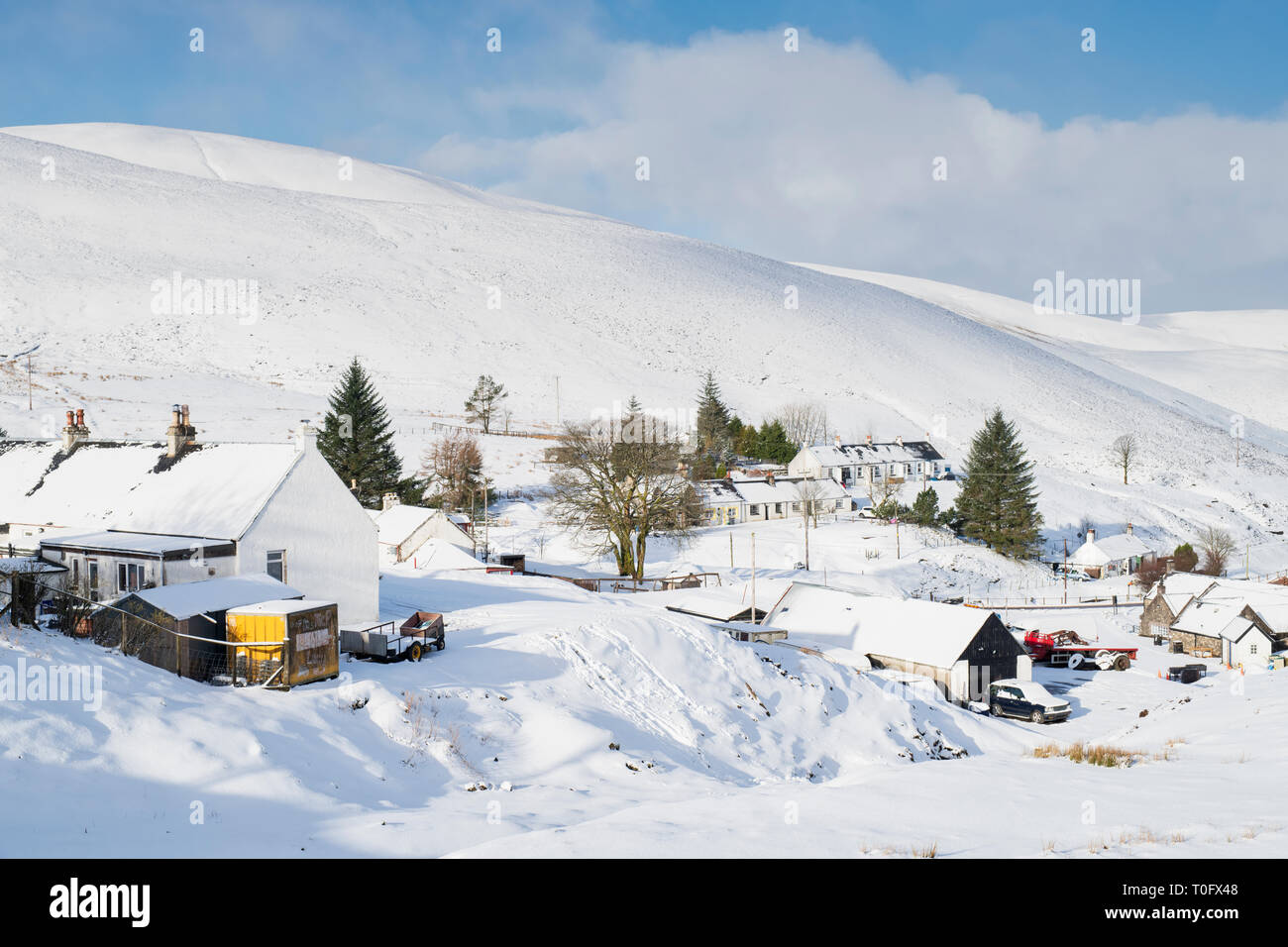 Wanlockhead village in the early morning snow. Scotlands highest village. Dumfries and Galloway, Scottish borders, Scotland Stock Photo