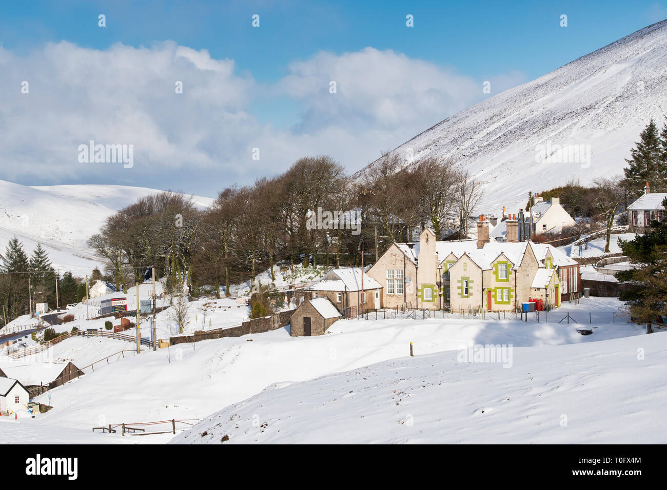 Wanlockhead village in the early morning snow. Scotlands highest village. Dumfries and Galloway, Scottish borders, Scotland Stock Photo