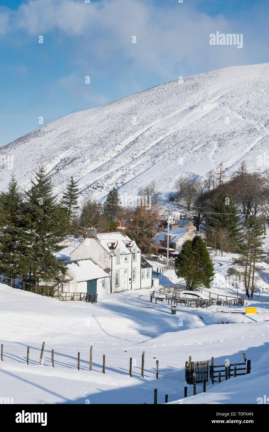 Wanlockhead village in the early morning snow. Scotlands highest village. Dumfries and Galloway, Scottish borders, Scotland Stock Photo