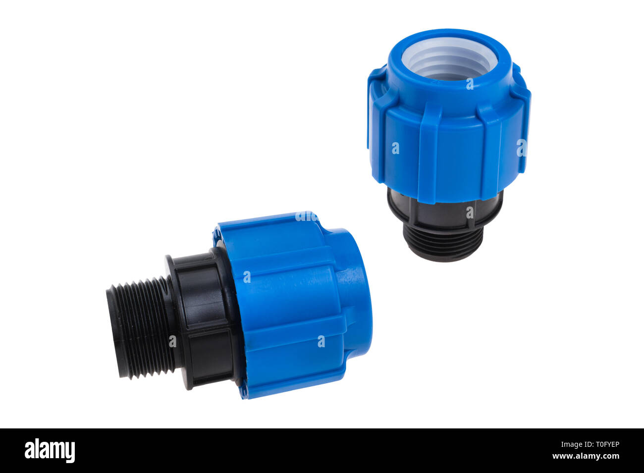 compression couplings and fittings for polyethylene pipes isolated on