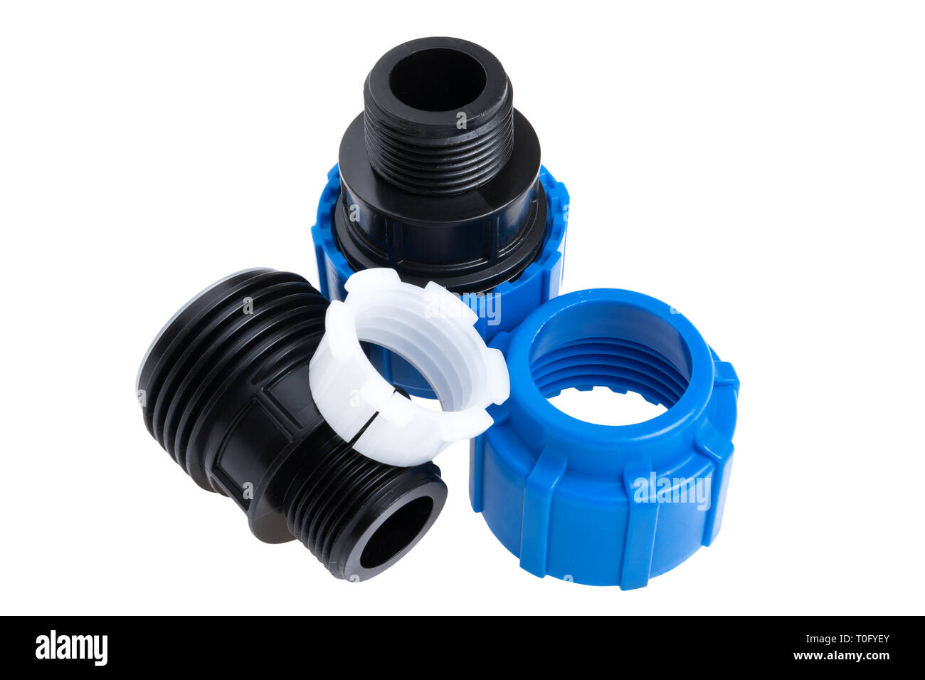 compression couplings and fittings for polyethylene pipes isolated on