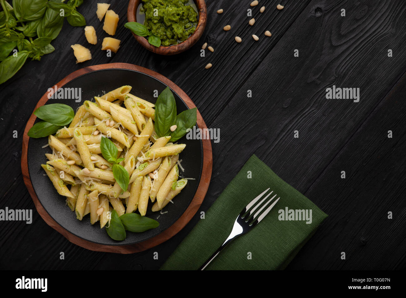 Various Types Pasta On Black Stone Stock Photo 433773259