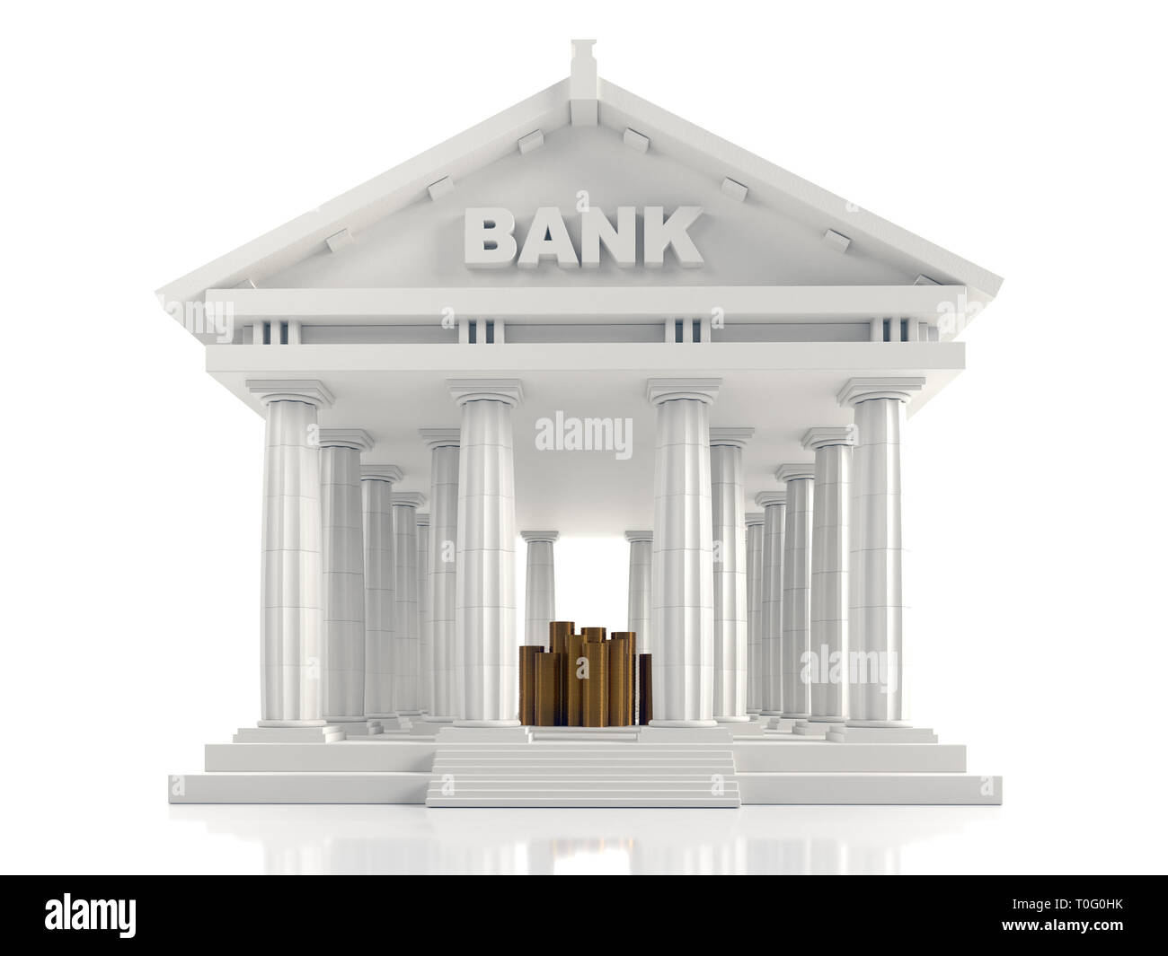 3D render of classic Bank columnar building with piles of golden coins ...