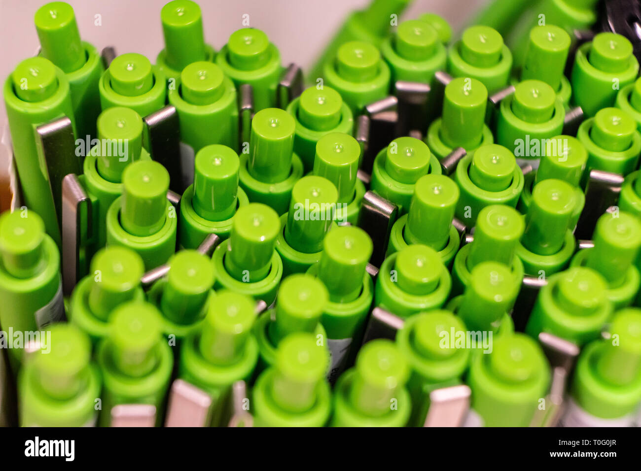 Group of green plastic pens Stock Photo Alamy
