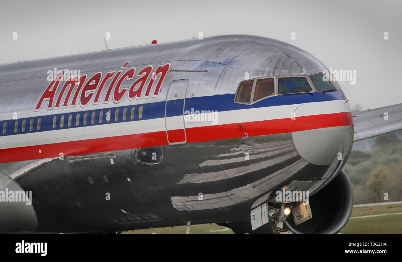 American Airlines Boeing 767 Flight at Manchester Airport. Stock Photo