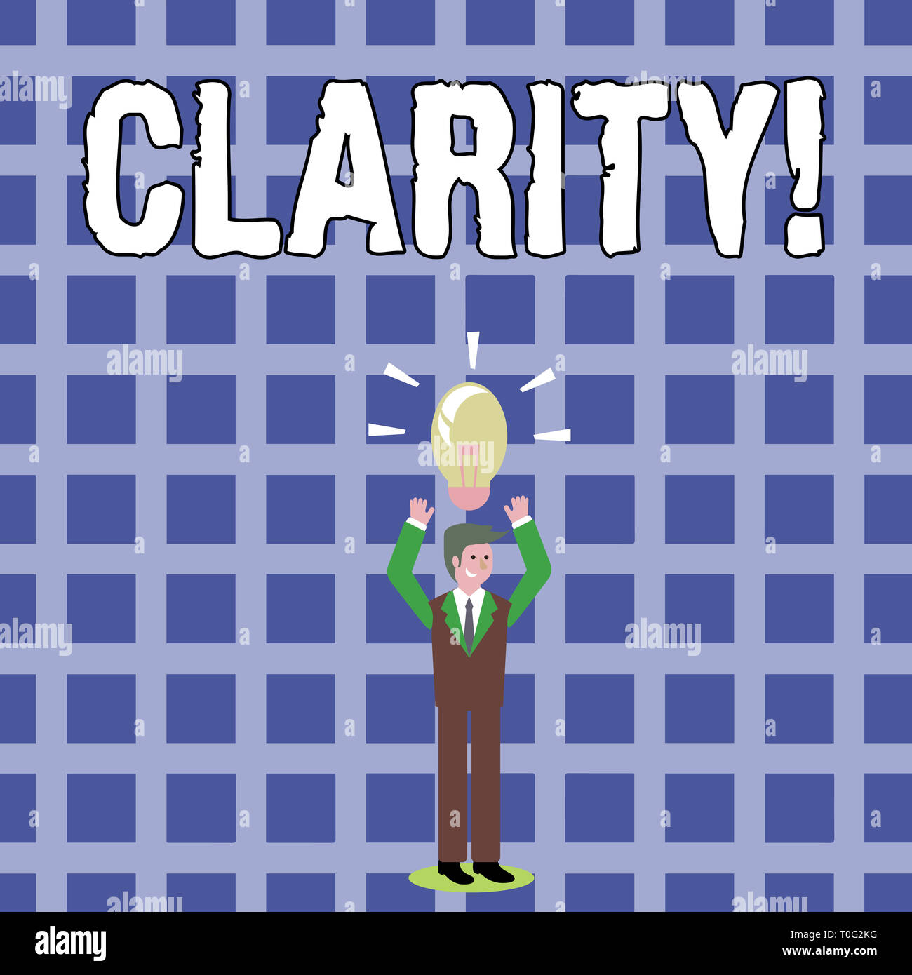 Text sign showing Clarity. Business photo text Certainty Precision Purity Comprehensibility Transparency Accuracy Businessman Standing Raising Arms Up Stock Photo