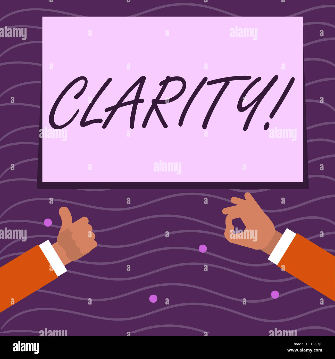 Text sign showing Clarity. Business photo showcasing Certainty Precision Purity Comprehensibility Transparency Accuracy Two Businessmen Hands Gesturin Stock Photo