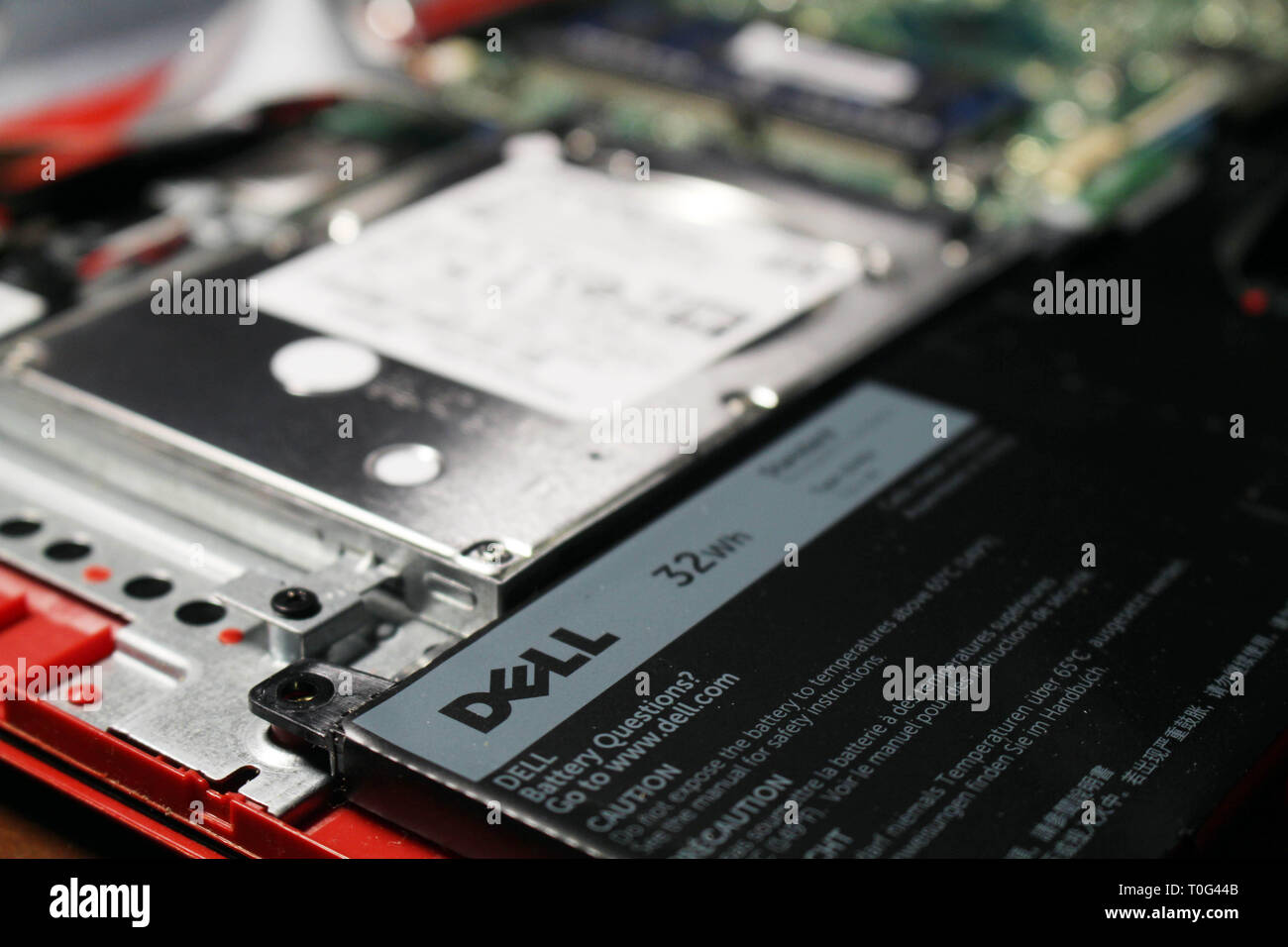 Closeup view at Dell laptop motherboard and components. The Battery ...