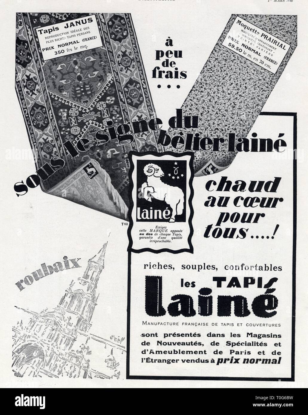 Publicité ancienne. 1 mars 1930. Les tapis Lainé Stock Photo
