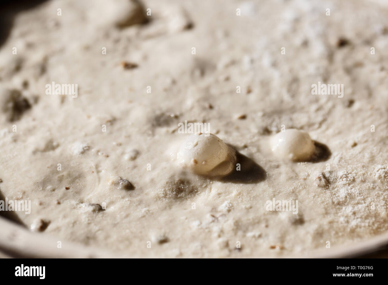 Sourdough bread proofing in a basket with visible gas bubbles. Homemade